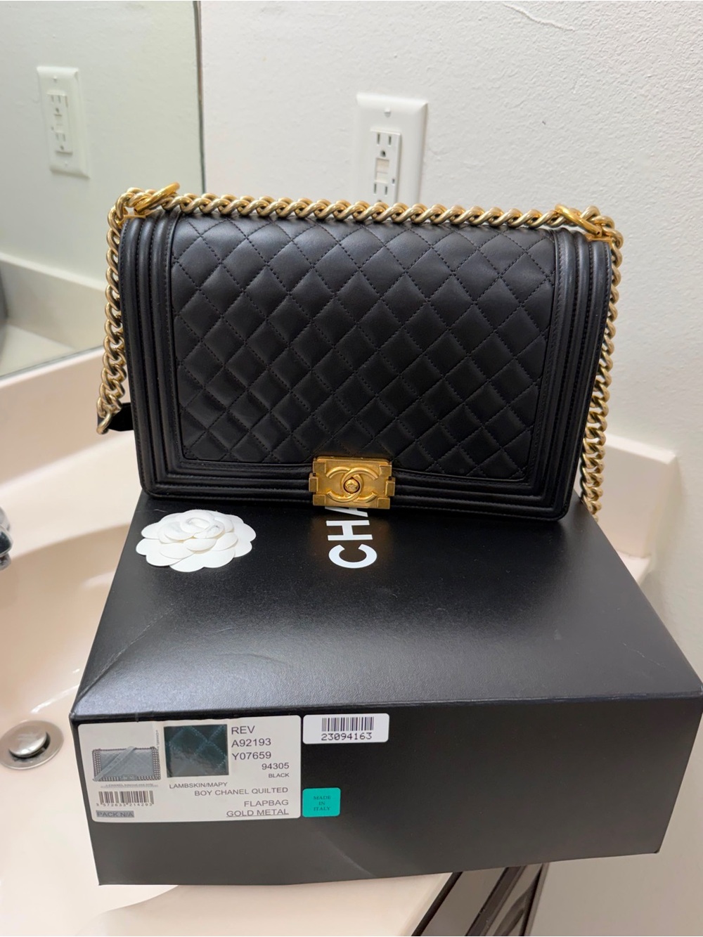CHANEL Black Quilted Boy Flap Bag with Gold Hardware